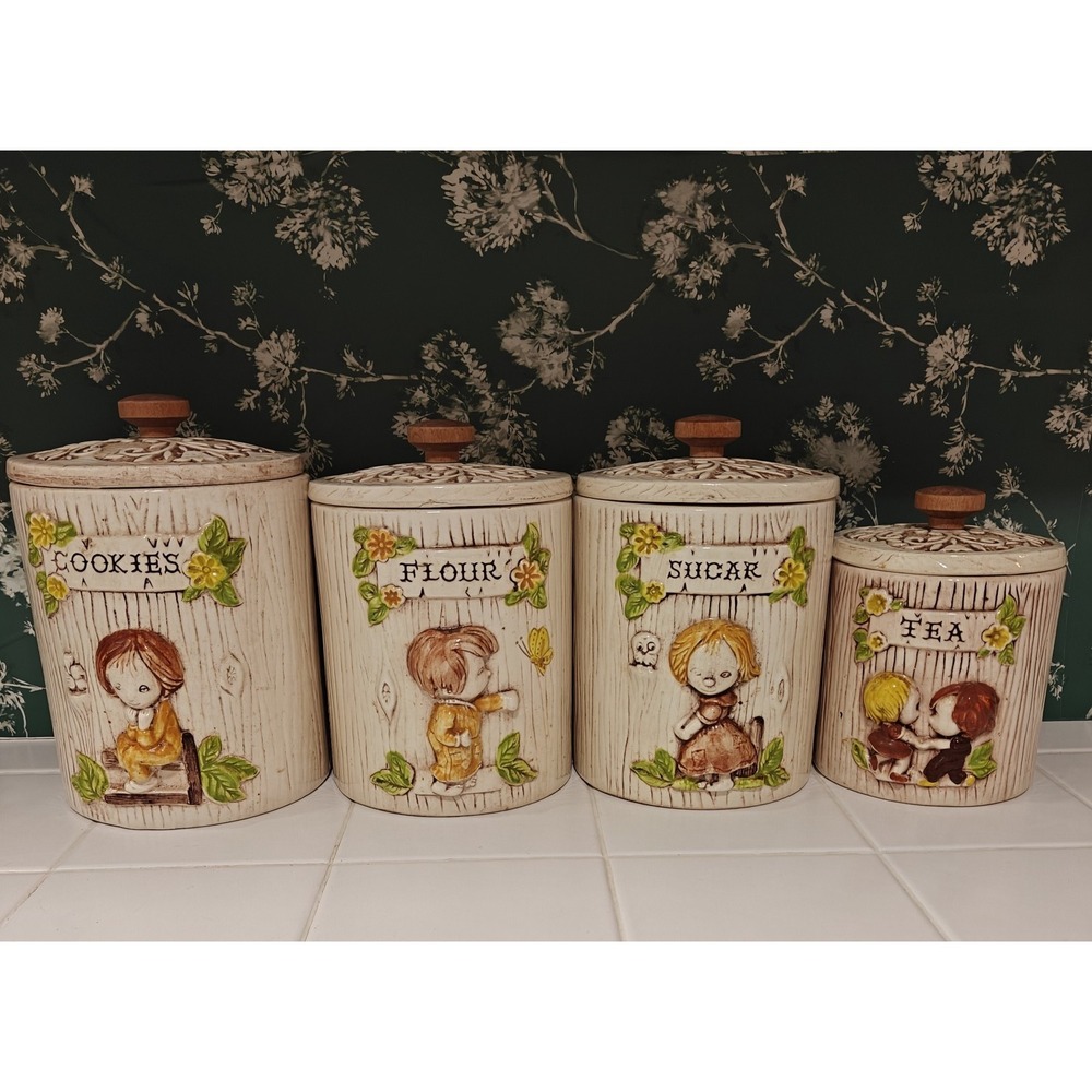 VTG Treasure Craft Canister Set of 4 Child Motif /MCM/BoHo/ Kitsch